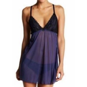 Tart Noir Women's Navy & Black Lace Babydoll Nightgown V-Neck S Romance Vampire